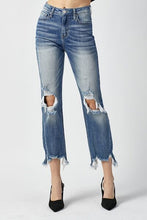 Load image into Gallery viewer, RISEN High Waisted Distressed Chewed Raw Hem Blue Denim Cropped Straight Leg Jeans
