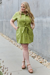 Jade By Jane Solid Green Button Down Tie Waist Pocketed Mini Dress