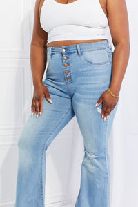 Vibrant MIU Jess High Rise Destressed Button Fly Flared Leg Blue Denim Jeans