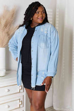 Load image into Gallery viewer, RISEN Snap Down Distressed Raw Hem Blue Denim Shacket
