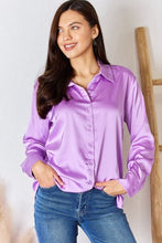 Load image into Gallery viewer, Zenana Lavender Purple Satin Button Down Top
