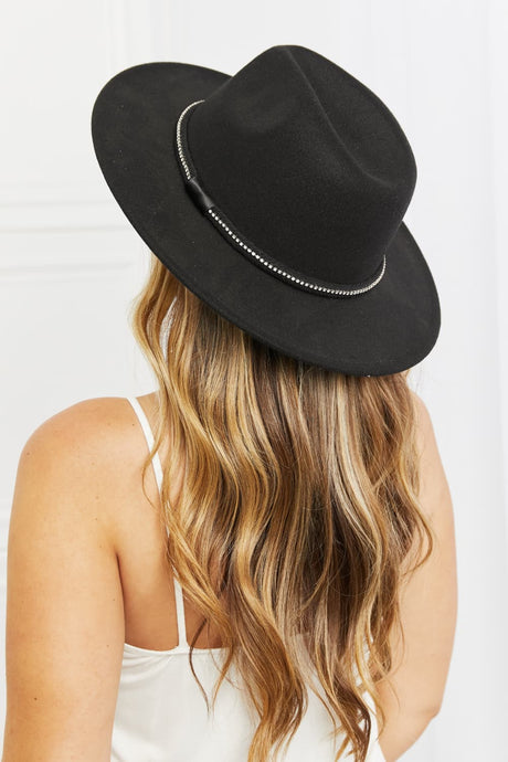 Fame Solid Black Rhinestone Embellished Wide Brim Hat
