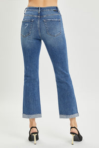 RISEN Button Fly Flared Leg Blue Denim Cropped Jeans