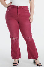 Load image into Gallery viewer, BAYEAS High Waisted Distressed Raw Hem Flared Leg Red Denim Jeans
