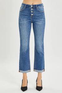 RISEN Button Fly Flared Leg Blue Denim Cropped Jeans