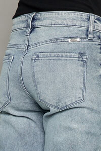Kancan High Waisted Button Fly Raw Hem Cropped Blue Denim Straight Leg Jeans