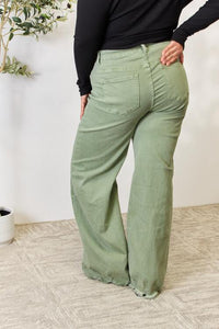 RISEN High Waisted Raw Hem Wide Leg Sage Green Denim Jeans