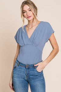 HEYSON Misty Blue Short Sleeve Pleated Lined Bodysuit