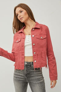 RISEN Red Distressed Raw Hem Cropped Denim Jacket