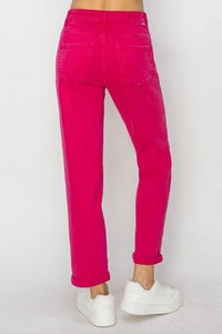 RISEN High Waisted Rolled Hem Pink Denim Straight Leg Jeans