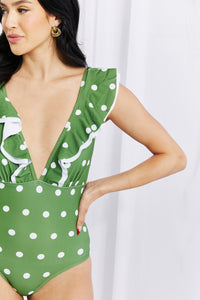 Marina West Swim Green Polka Dot Ruffle Plunge Swimsuit