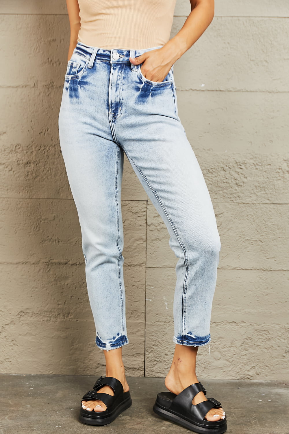 BAYEAS Lella High Waisted Acid Washed Relaxed Blue Denim Skinny Jeans