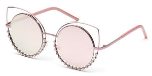 Cramilo Women's Round Cat Eye Mirrored Lens Pearl Frame Designed Sunglasses