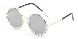 Cramilo Women's Round Cat Eye Mirrored Lens Pearl Frame Designed Sunglasses