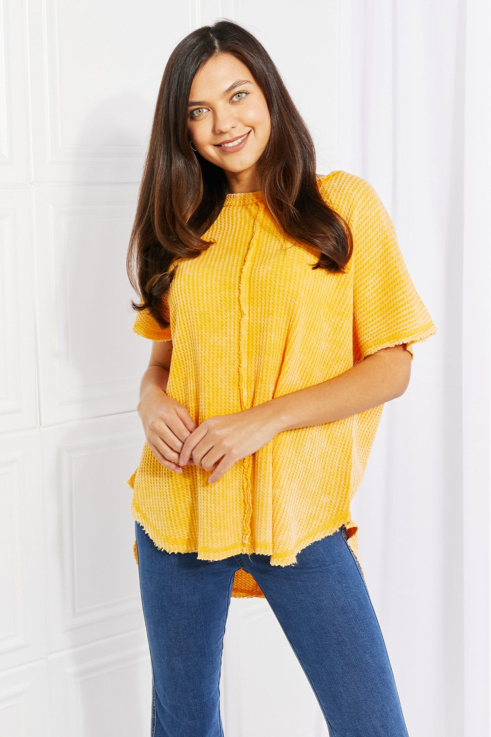 Zenana Solid Yellow Exposed Detailed Soft Waffle Knit Relaxed Fit Top
