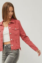 Load image into Gallery viewer, RISEN Red Distressed Raw Hem Cropped Denim Jacket
