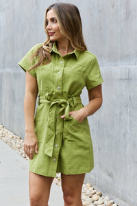 Jade By Jane Solid Green Button Down Tie Waist Pocketed Mini Dress