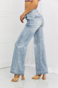 RISEN Luisa High Rise Button Fly Wide Leg Blue Denim Jeans