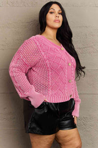 HEYSON Fushia Mineral Washed Soft Cable Knit Cardigan