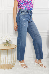 Kancan Melanie High Rise Raw Hem Cropped Wide Leg Blue Denim Jeans