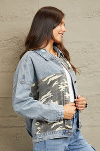 GeeGee Distressed Camo Contrast Blue Washed Denim Jean Jacket
