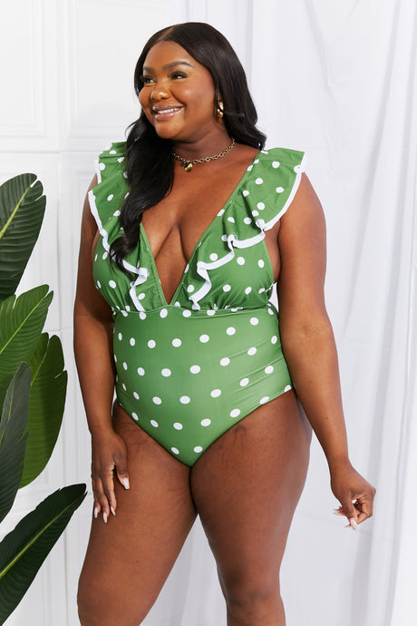 Marina West Swim Green Polka Dot Ruffle Plunge Swimsuit