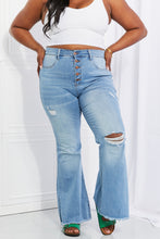 Load image into Gallery viewer, Vibrant MIU Jess High Waisted Distressed Button Fly Flared Leg Blue Denim Jeans
