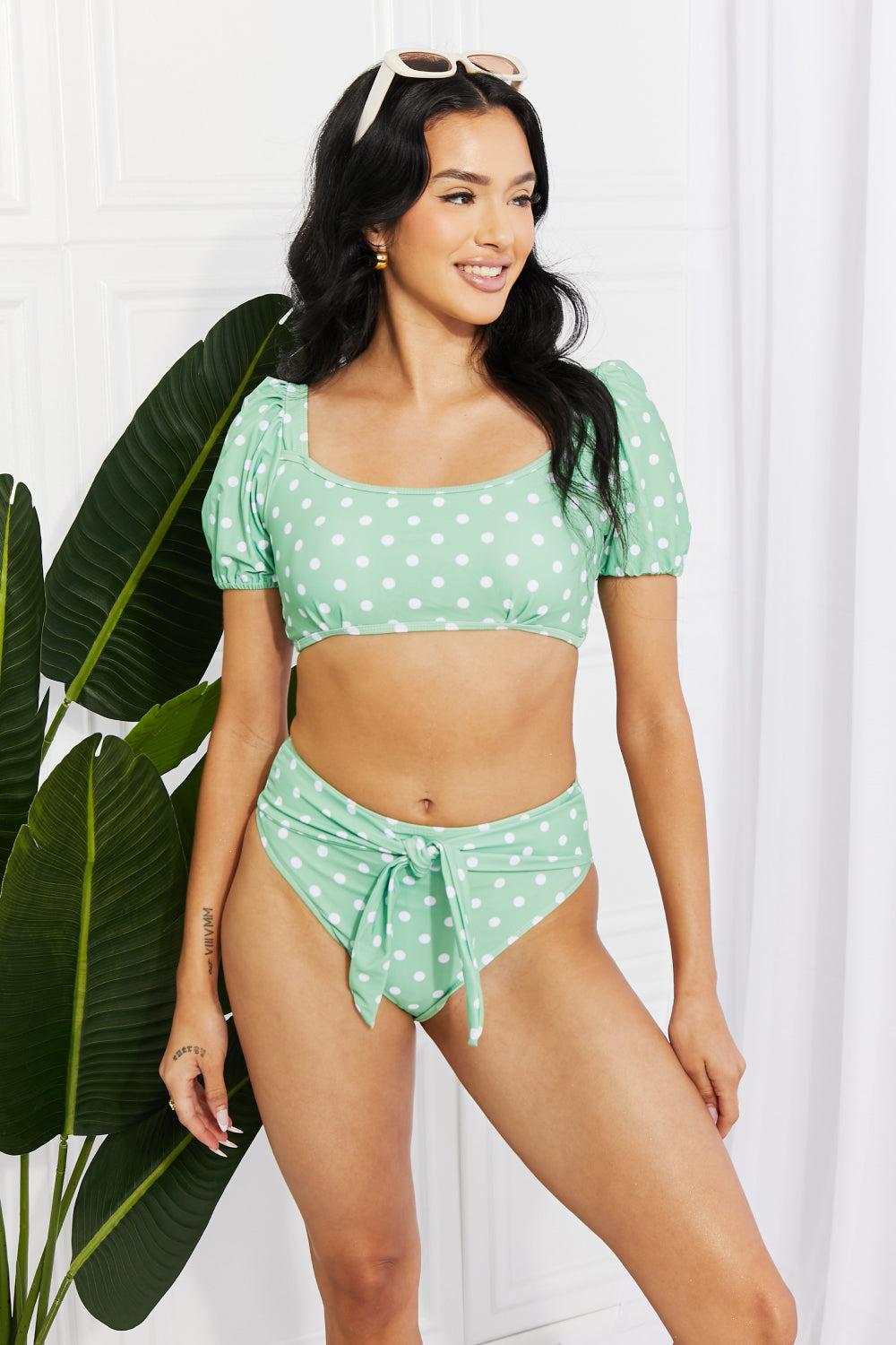 Marina West Swim Green Polka Dot Puffy Sleeve Tie Detail Bikini Set