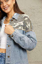 Load image into Gallery viewer, GeeGee Distressed Camo Contrast Blue Washed Denim Jean Jacket
