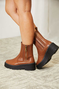 Forever Link Chestnut Brown Side Zip Vegan Patented Leather Platform Boots