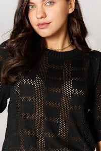 Double Take Black Ribbed Trim Half Sleeve Knit Top