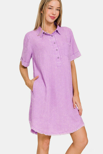 Zenana Blue Lavender Washed Linen Raw Hem Dress