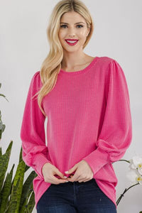 Celeste Pink Long Lantern Sleeve Ribbed Knit Top