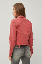 Load image into Gallery viewer, RISEN Red Distressed Raw Hem Cropped Denim Jacket
