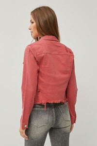 RISEN Red Distressed Raw Hem Cropped Denim Jacket