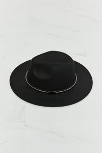 Fame Solid Black Rhinestone Embellished Wide Brim Hat