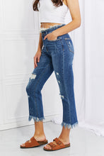 Cargar imagen en el visor de la galería, RISEN Undone High Waisted Fringe Raw Hem Straight Leg Blue Denim Jeans
