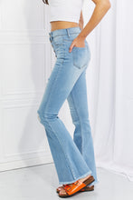 Load image into Gallery viewer, Vibrant MIU Jess High Rise Destressed Button Fly Flared Leg Blue Denim Jeans
