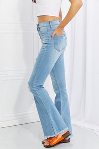 Vibrant MIU Jess High Rise Destressed Button Fly Flared Leg Blue Denim Jeans