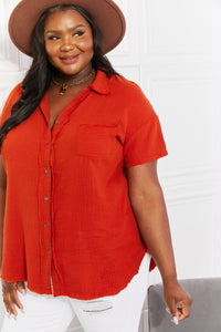 Zenana Red Orange Button Down Gauze Textured Short Sleeve Top