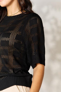 Double Take Black Ribbed Trim Half Sleeve Knit Top