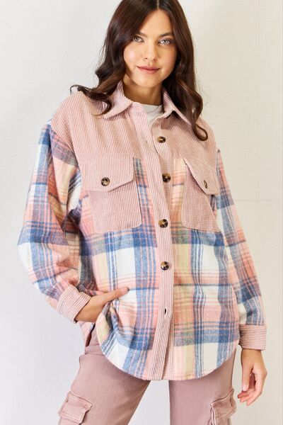 J.NNA Solid Plaid Colorblock Button Down Jacket