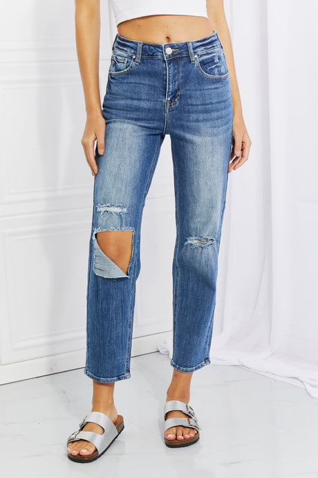RISEN Emily High Rise Destroyed Straight Leg Relaxed Fit Cropped Blue Denim Jeans