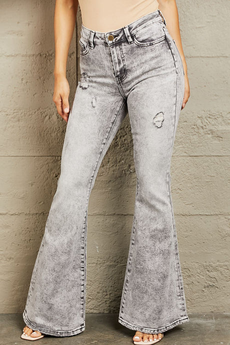 BAYEAS High Rise Acid Washed Flared Leg Charcoal Gray Denim Jeans