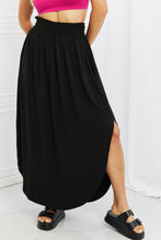 Load image into Gallery viewer, Zenana Solid Black Smocked Waist Slit Side Curved Hem Maxi Skirt
