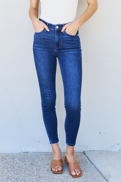 Judy Blue Marie Mid Rise Crinkle Detailed Blue Denim Skinny Jeans