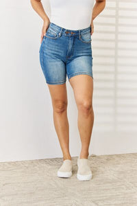 Judy Blue Tummy Control Double Button Bermuda Blue Denim Jean Shorts