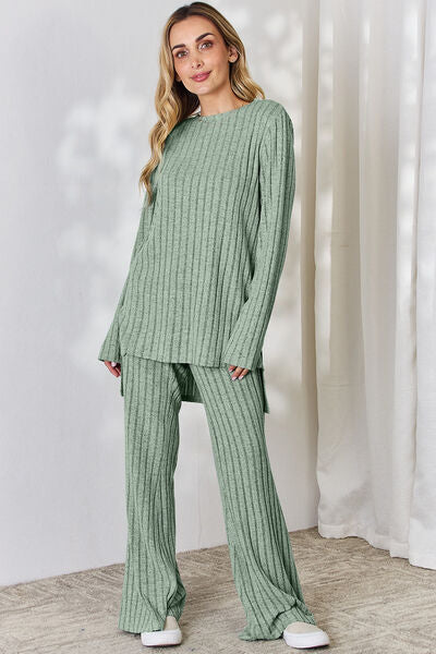 Basic Bae Solid Color Two Piece Ribbed Knit Relaxed Fit Loungewear Set