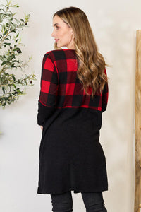 Heimish Red/Black Solid Plaid Contrast Open Front Longline Cardigan