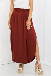 Zenana Solid Red Smocked Waist Slit Side Curved Hem Maxi Skirt